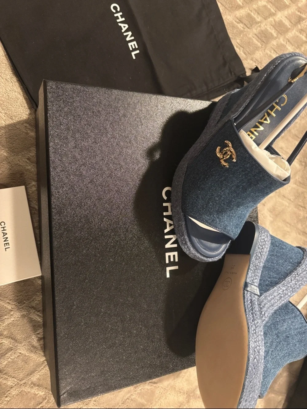 CHANEL Denim Navy Open-Toe CC Logo Wedge Sandals - Picture 2 of 3